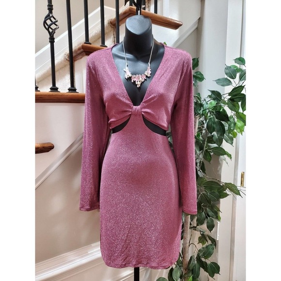 Wild Fable Pink Nylon Cut Out Lurex Long Sleeve Casual Knee Length Dress Large - Picture 1 of 9